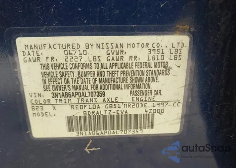 2010 Nissan Sentra 2.0S из США, поврежденный, VIN 3N1AB6AP0AL707359